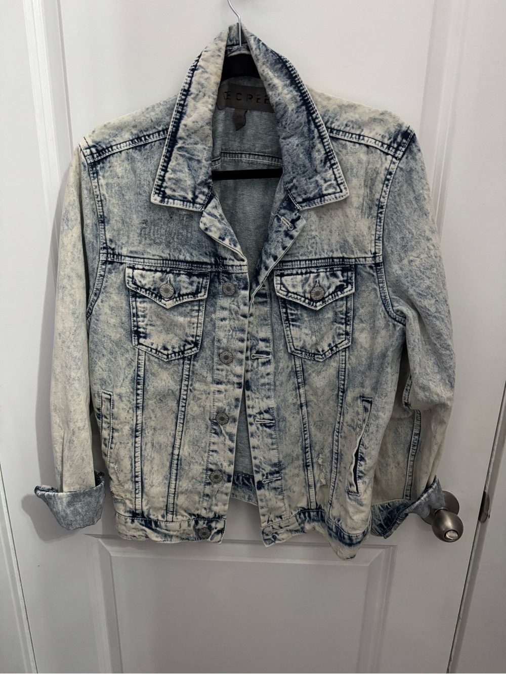 Decree Acid Wash Denim Jacket in Light Blue and White